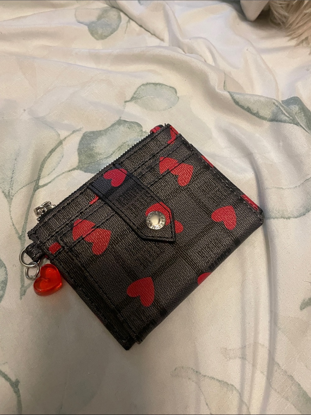 Steve Madden Black Card Holder with Red Heart Print and Charm